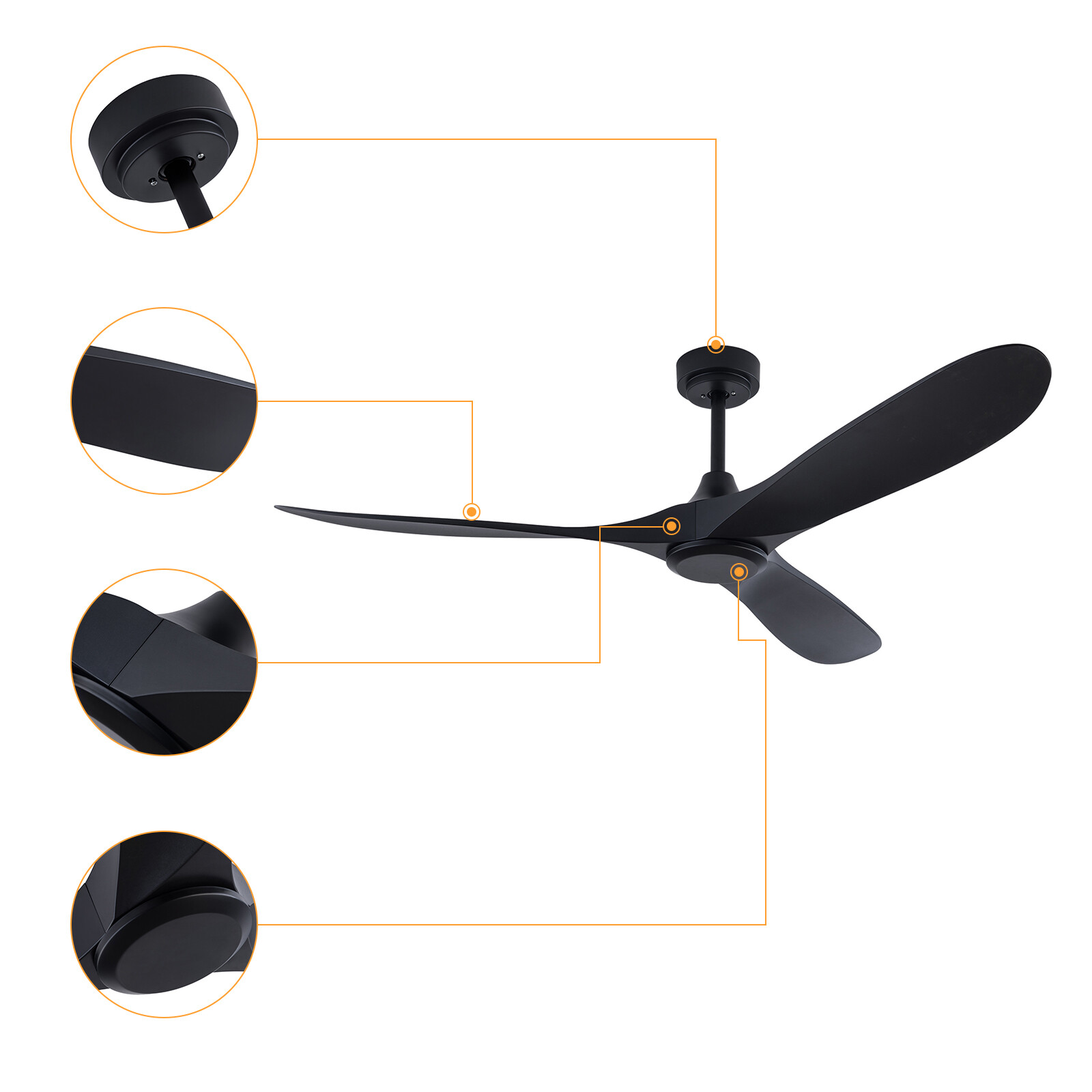 52" Flush Mount Solid Wood Ceiling Fan with Light 3 Speed Quiet DC Motor 3 CCT