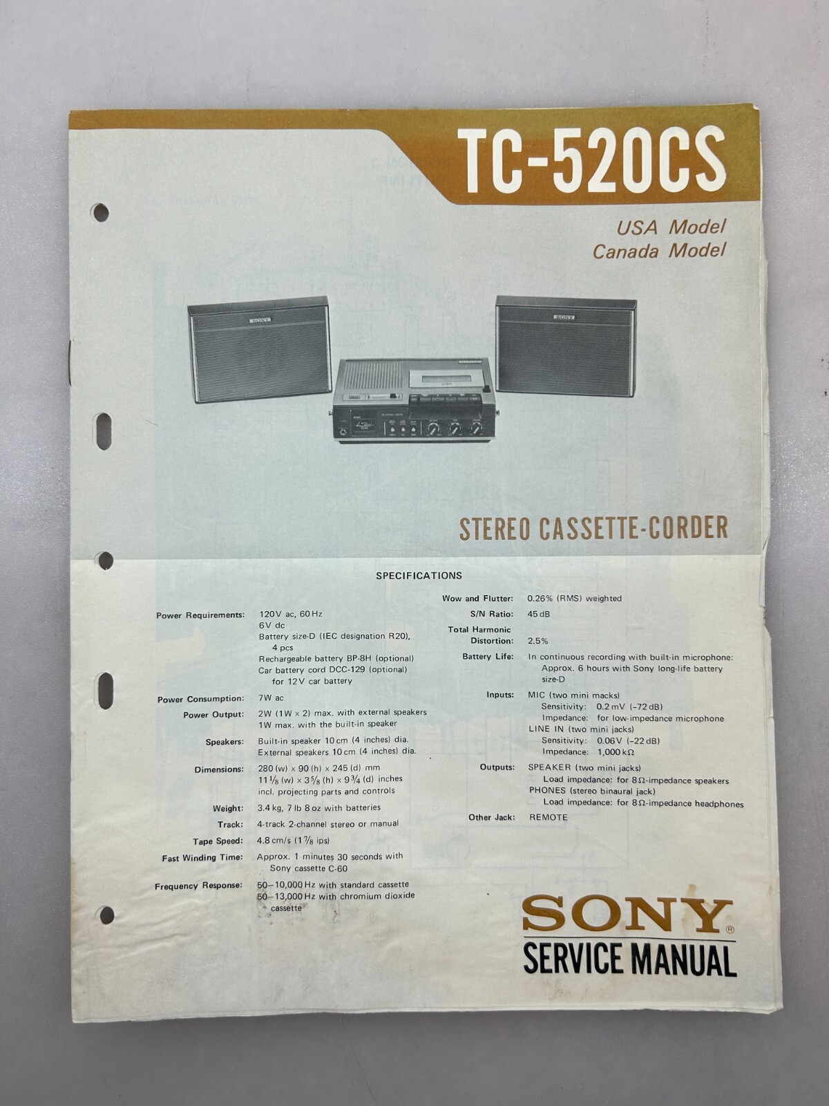 Sony TC-520 Original Service Manual Free Shipping