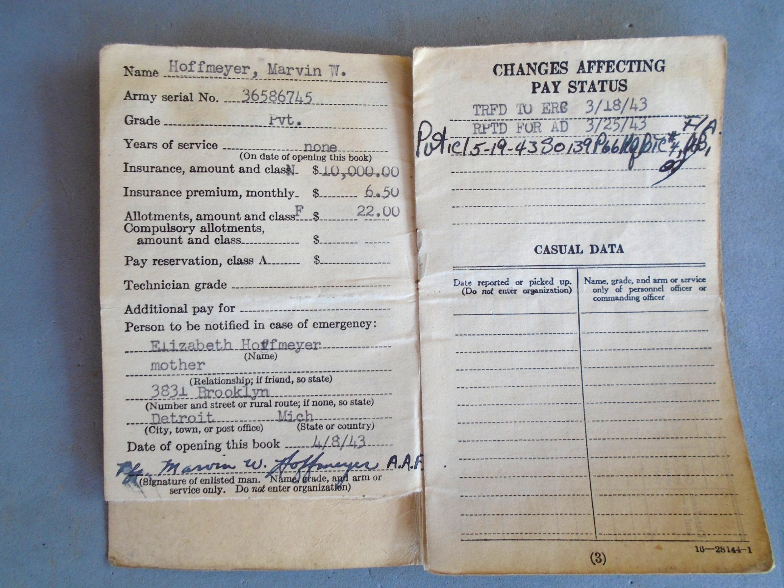 WWII soldier's individual pay record