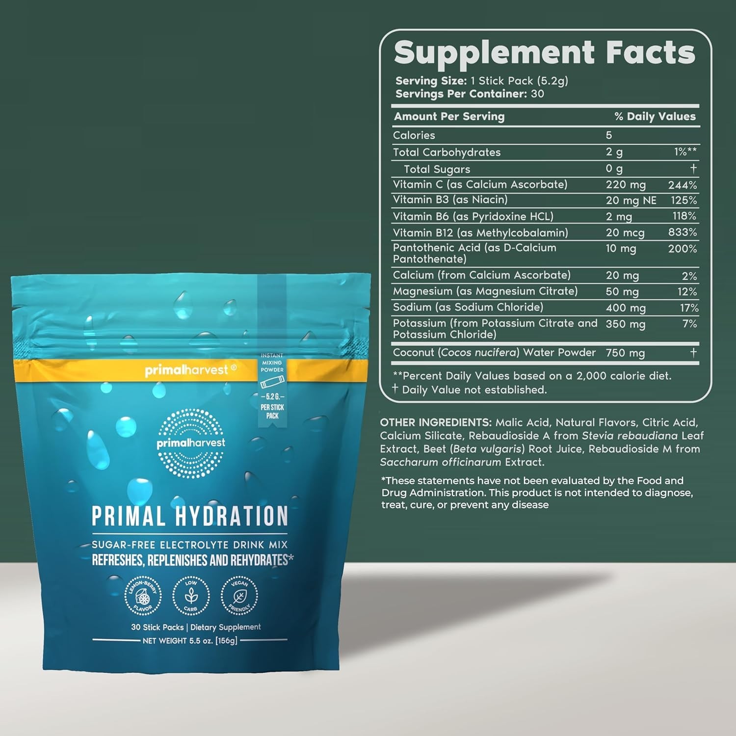Primal Harvest Electrolyte Drink – Zero Sugar, Magnesium Boost, Lemon Berry, 30