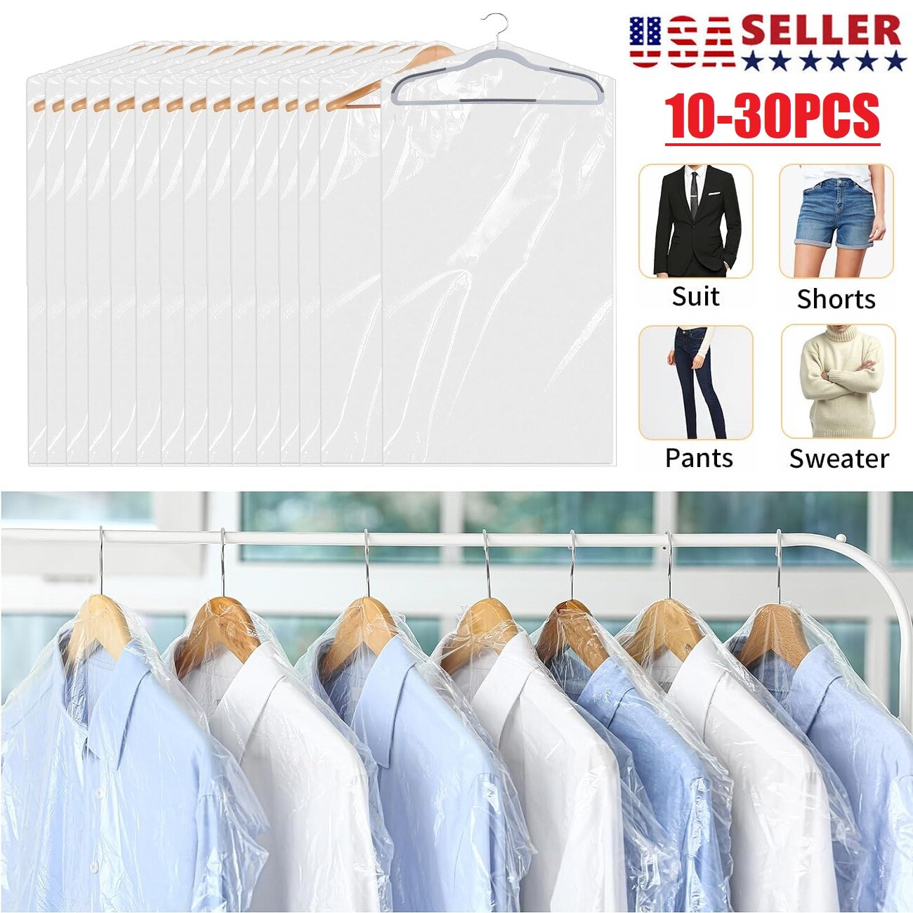 30× Plastic Dry Cleaner Bags Suit Cover Clear Garment Bags for Hanging Clothes