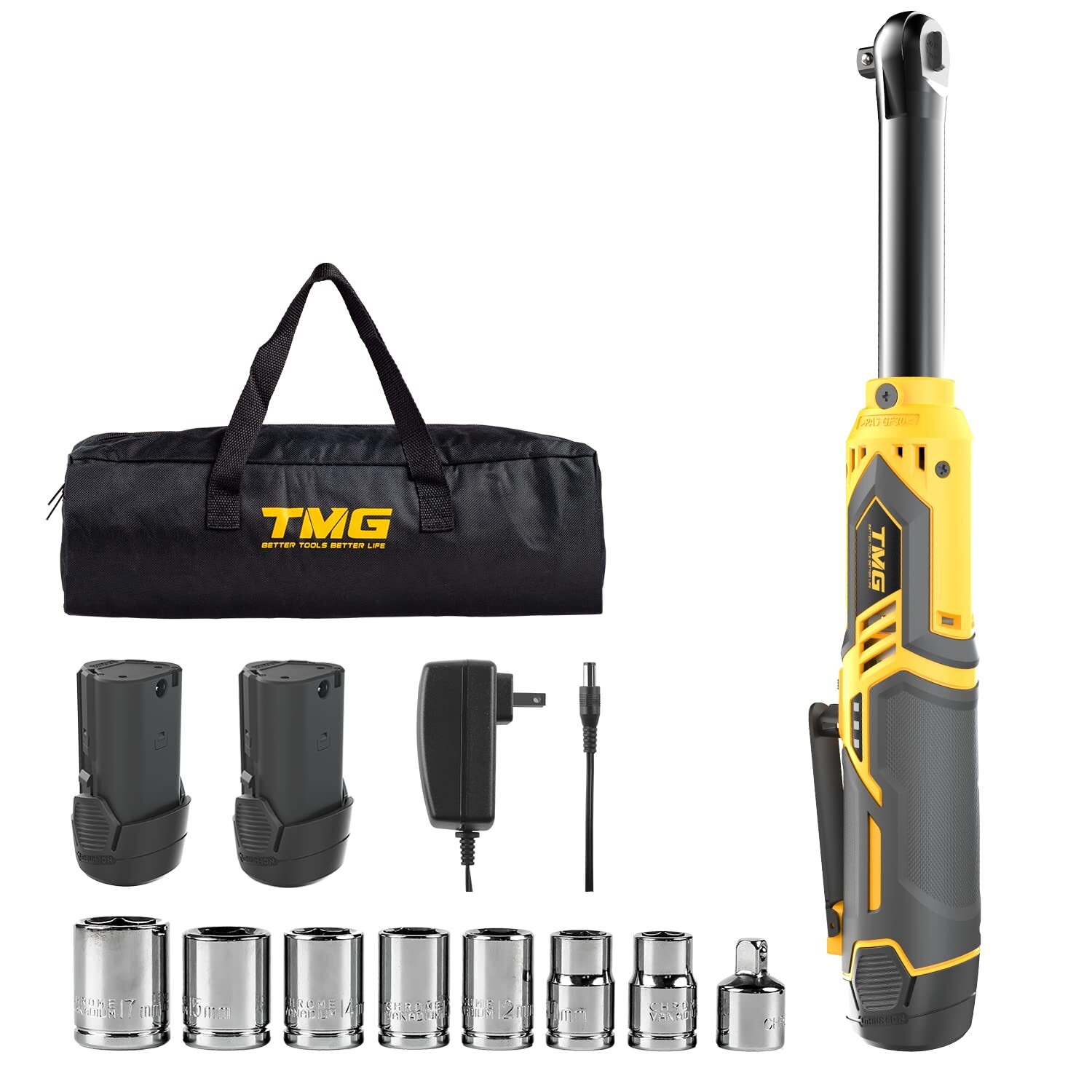 Extended Cordless Electric Ratchet Wrench 3/8" 40 Ft-lbs 12V Long Reach 7 Socket