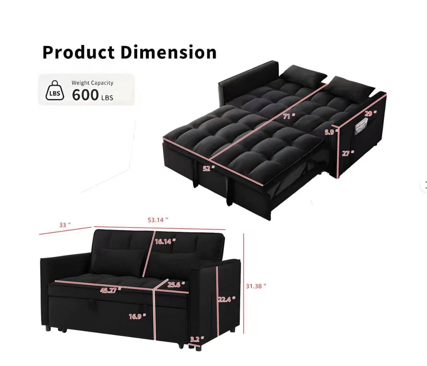 3 in 1 Modern Convertible Sleeper Sofa Bed Loveseat Couch for Small Spaces Black