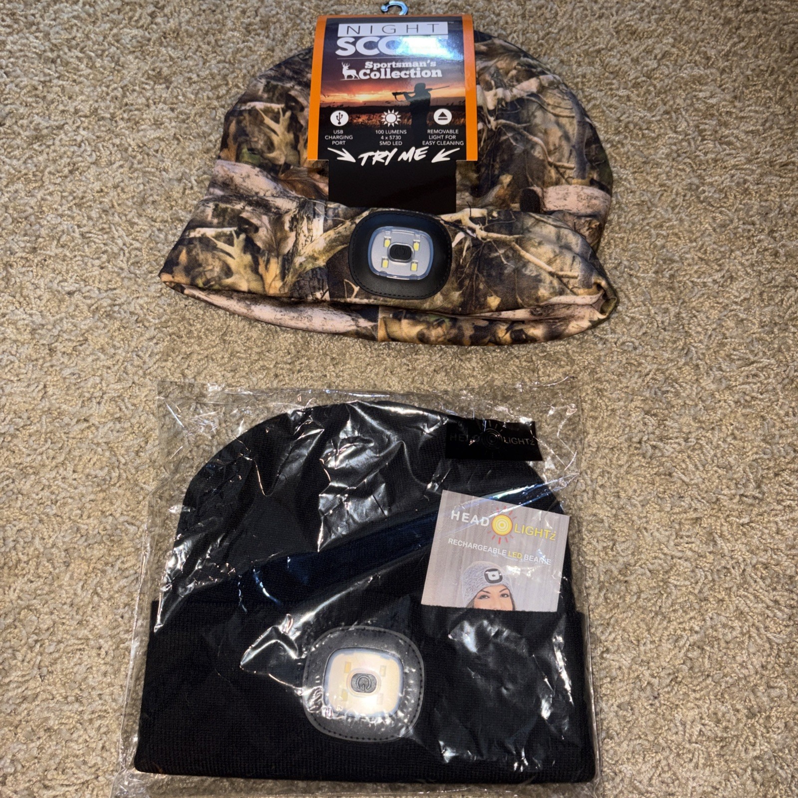 Two Toboggans With Rechargeable Led Beanie Sportsman‘S Collection Hunting Gear
