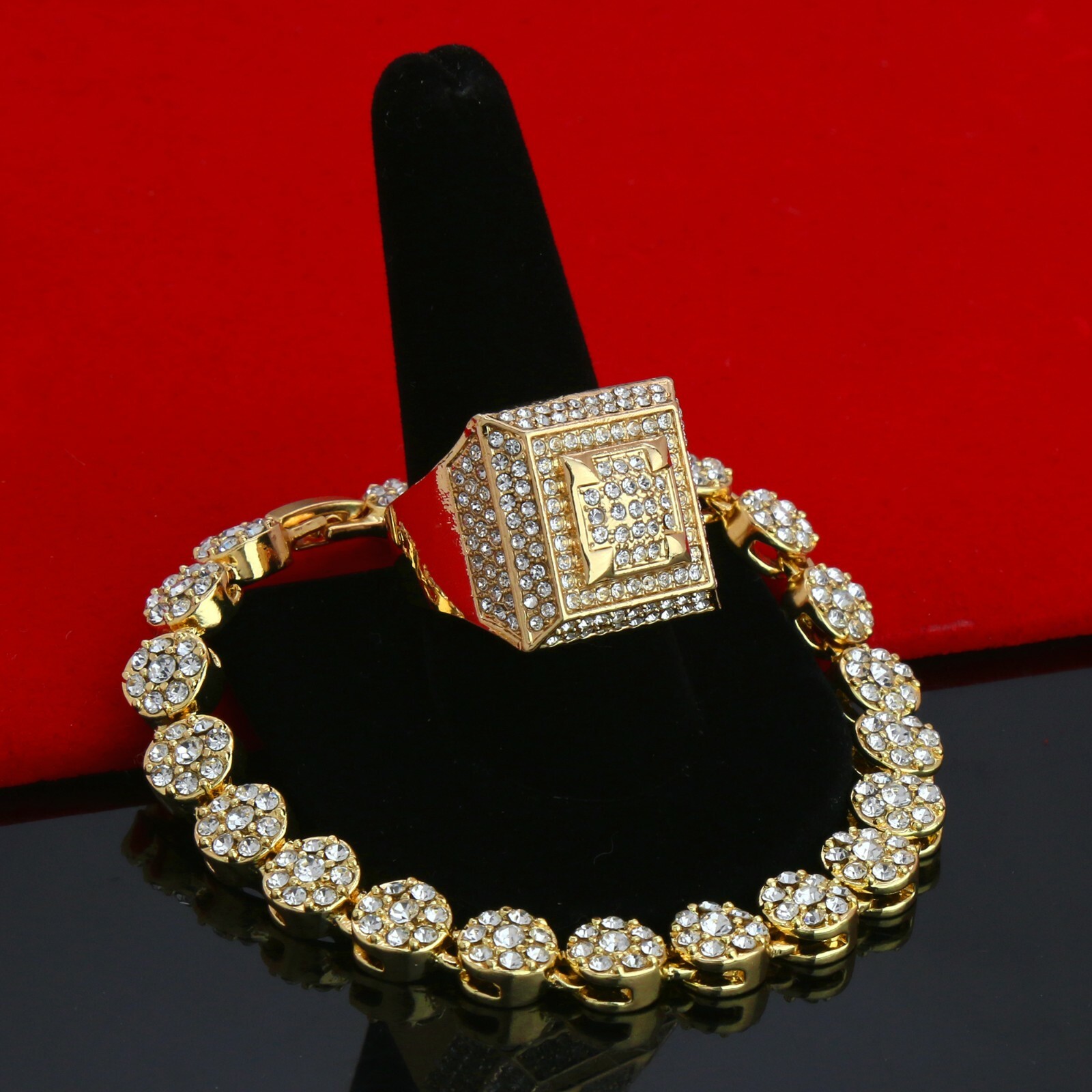Men's Gold Plated Iced Cubic-Zirconia Hip-Hop Round Flower Bracelet 3D Dome Ring
