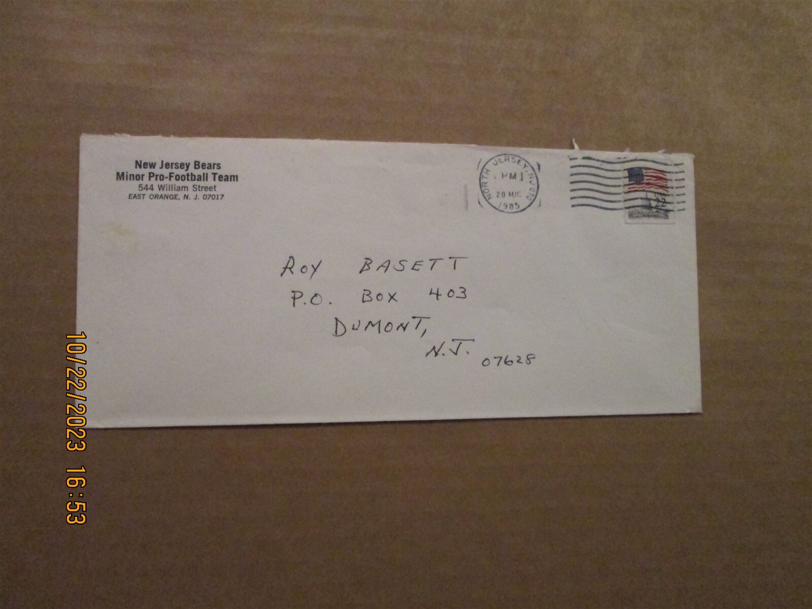 New Jersey Bears Minor Pro-Football Team Vintage Dated 1985 Business Envelope