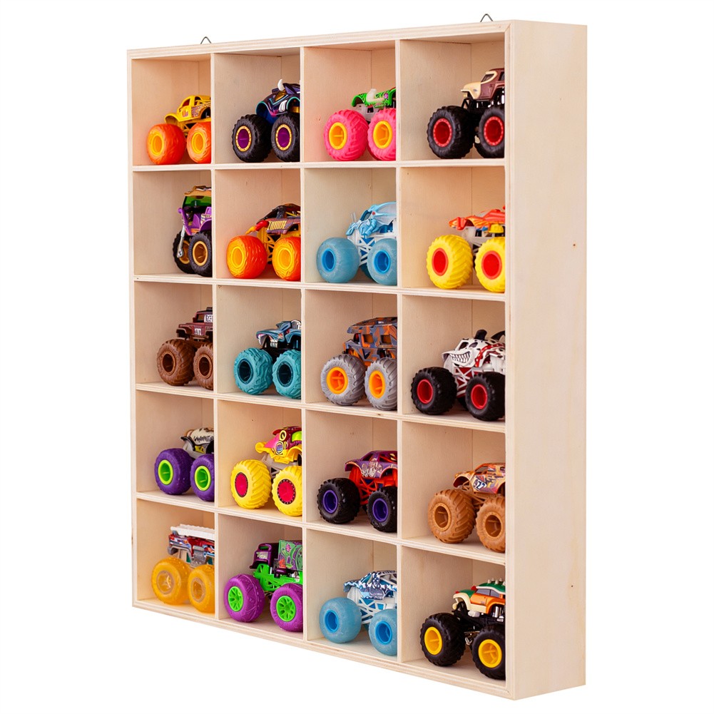 Wood Display Case 20-Slot Organizer for Monster Trucks Storage Wall-Mountable
