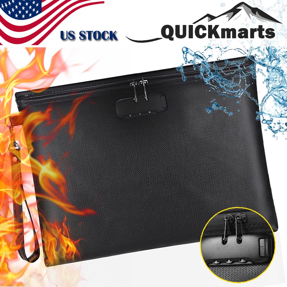 Fireproof Document Bag w/ Lock Waterproof Safe Cash Money Pouch Travel 14"x10"