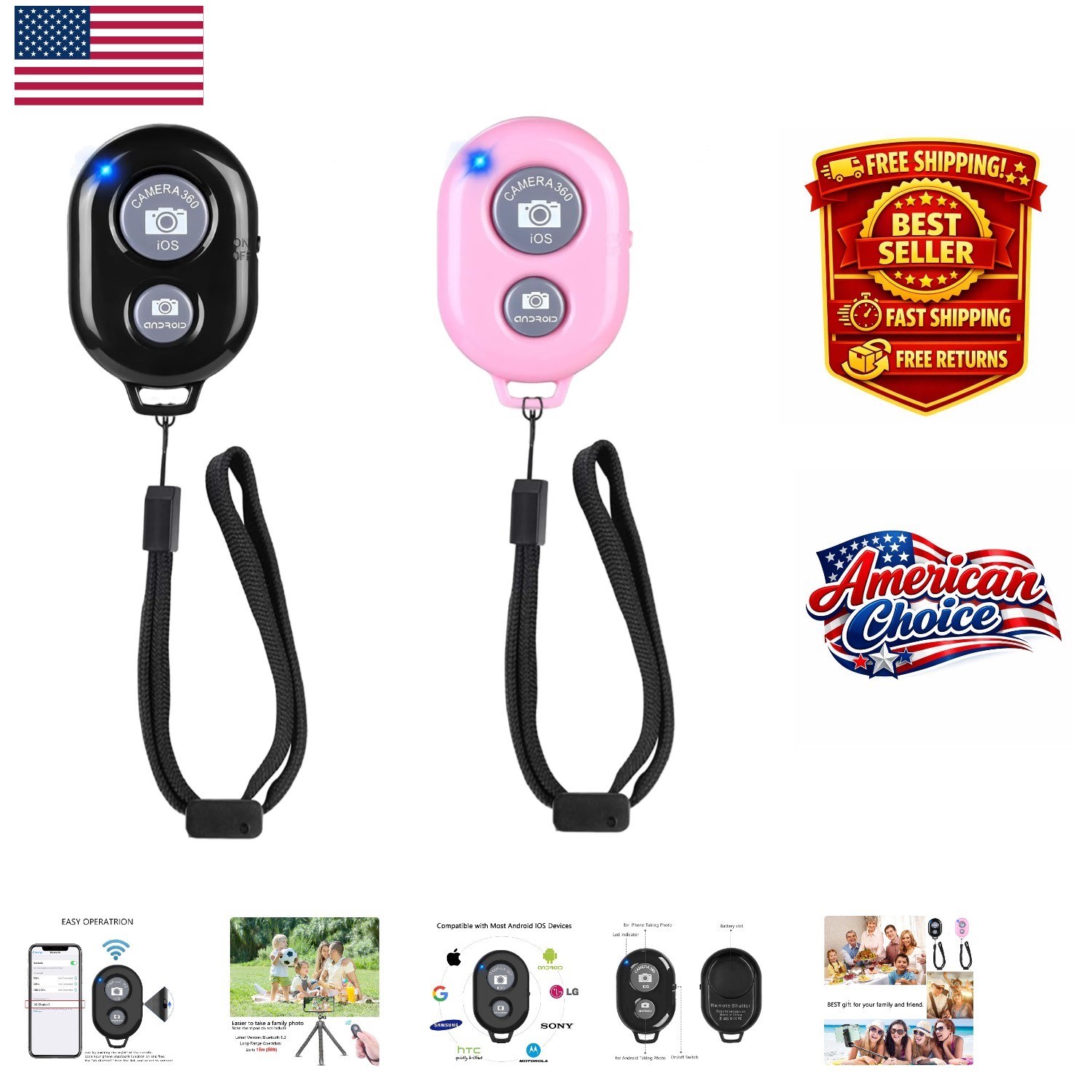 Universal Bluetooth Remote Shutter for Smartphones - Stylish Black & Pink
