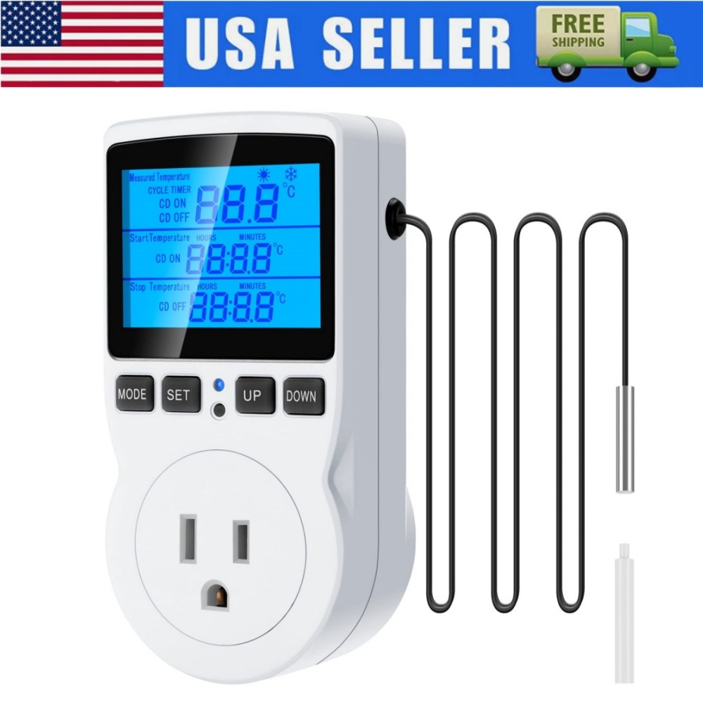Digital Thermostat Outlet Plug Temperature Controller Heating Cooling &Probe New