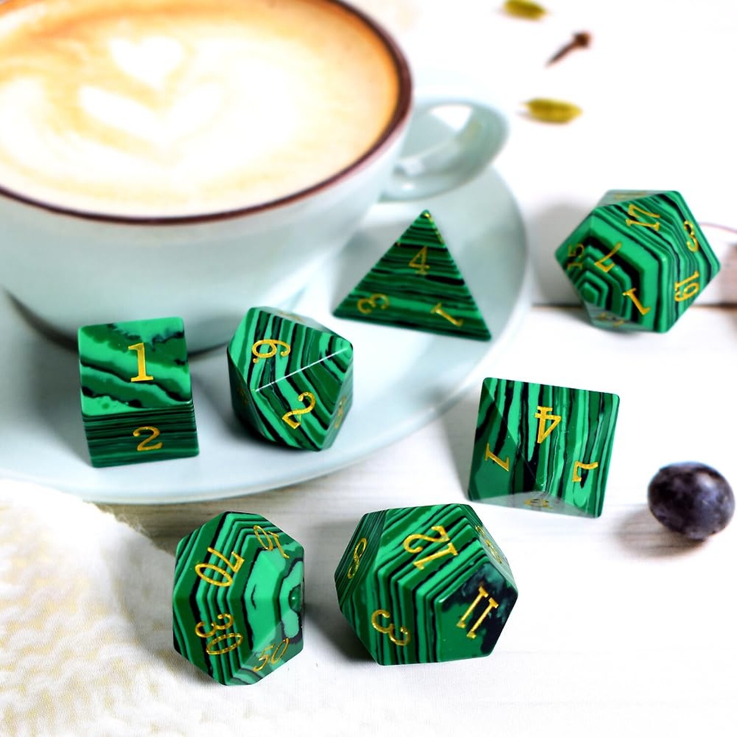 Malachite Stone Dice Set D&D 7PCS Gemstone Dice Polyhedral DND Dice with Gift...