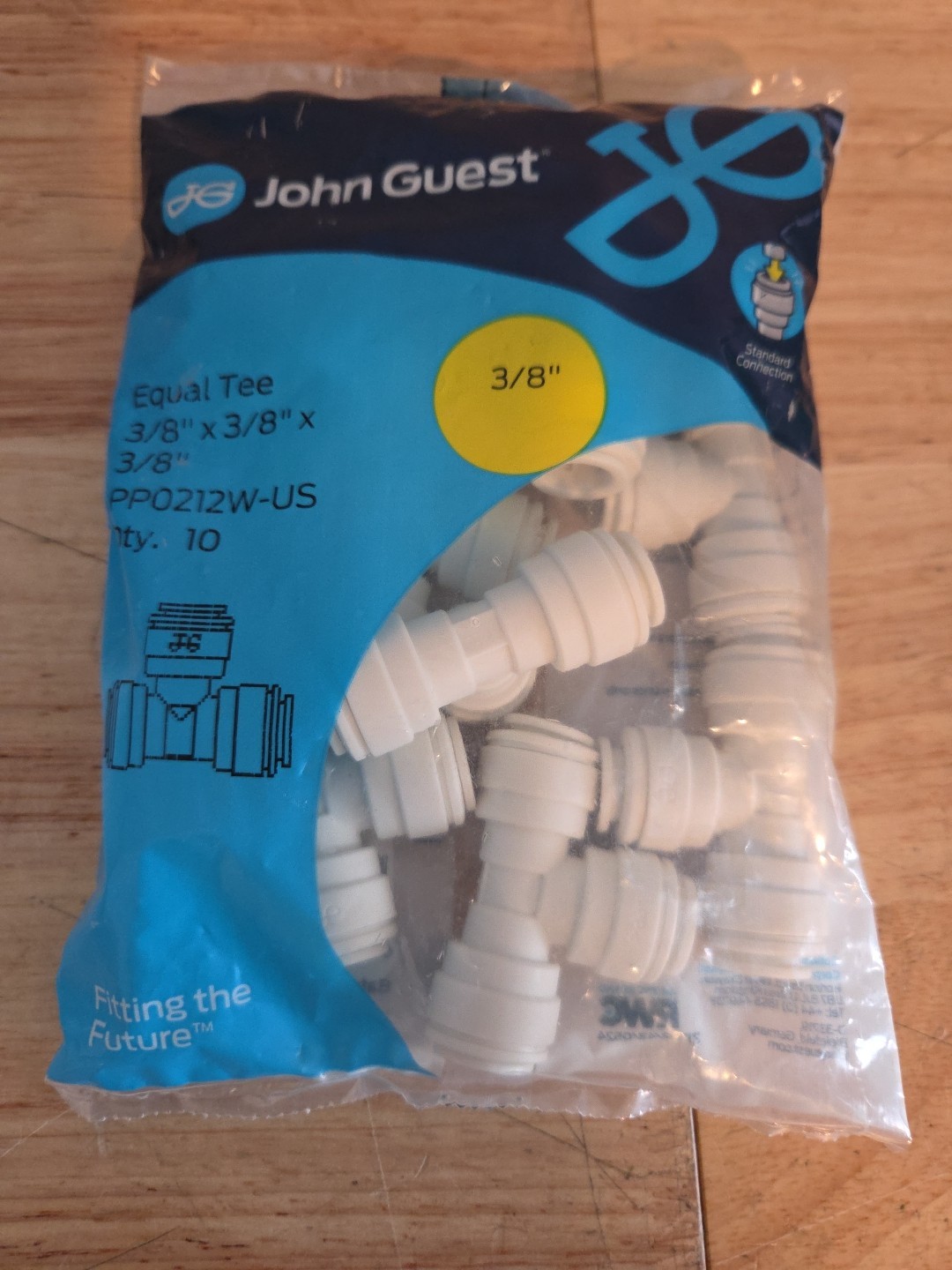 John Guest PP0212W-US 3/8''X3/8"X3/8" Polypropylene Union Tee 150 Psi Max 10 Pk