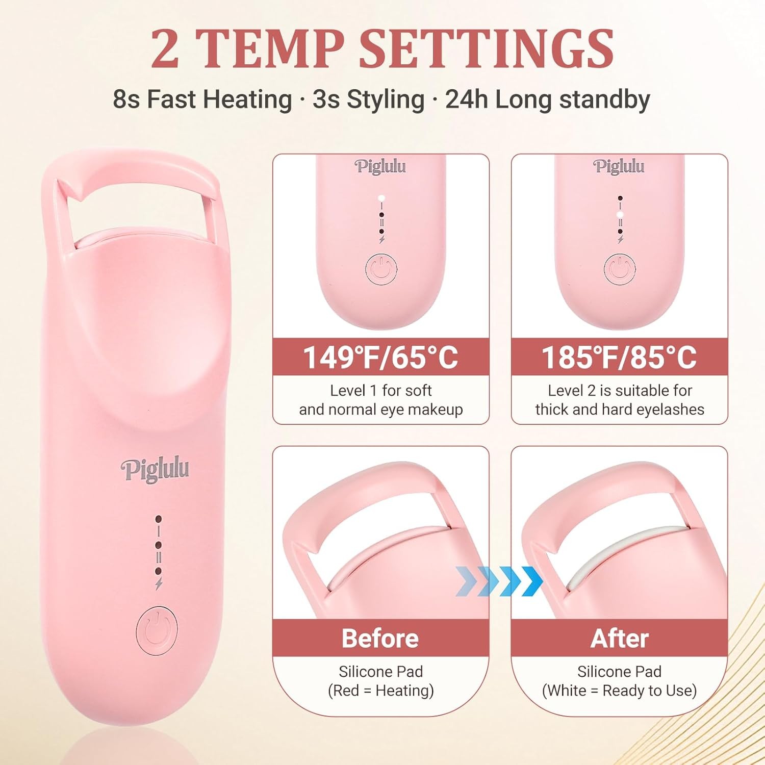 Heated Eyelash Curler, Mini Electric Eyelash Curler 2-Level Temp Control