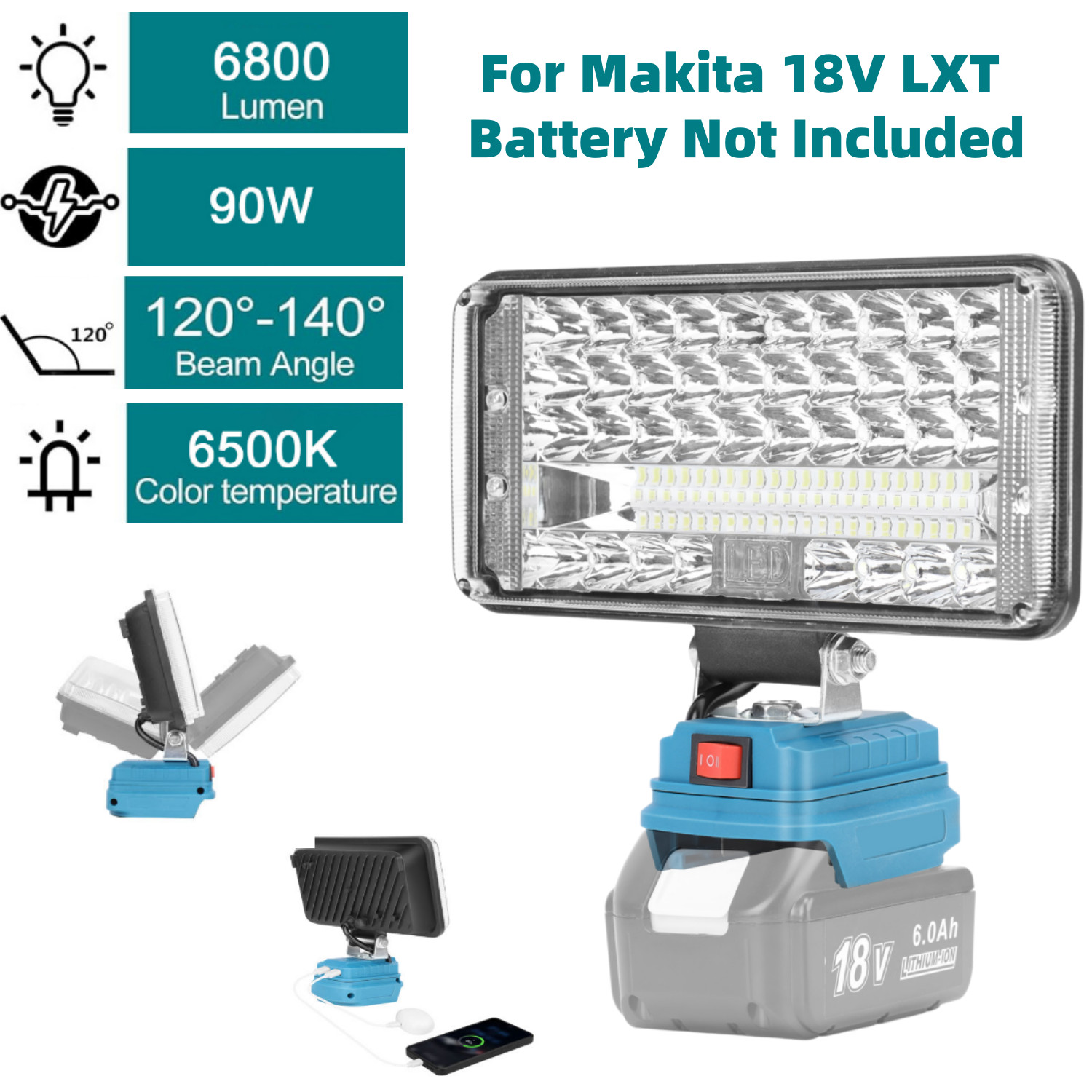 7 Inch LED Work Light Flashlight for Makita 18V LXT Battery with 2 USB Ports