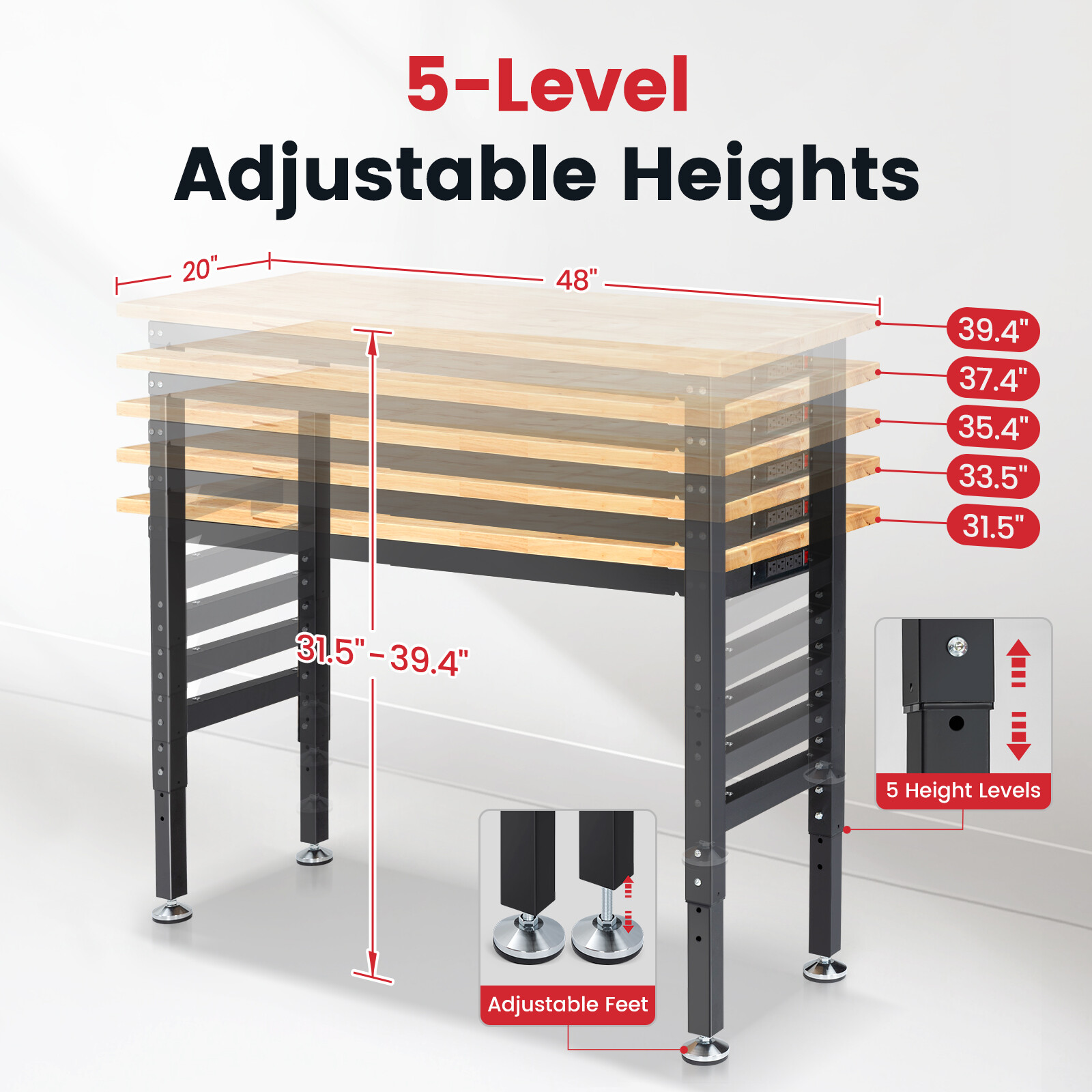 Adjustable Workbench 48'' 2000 Lbs Heavy-Duty Work Benches with Power Outlets