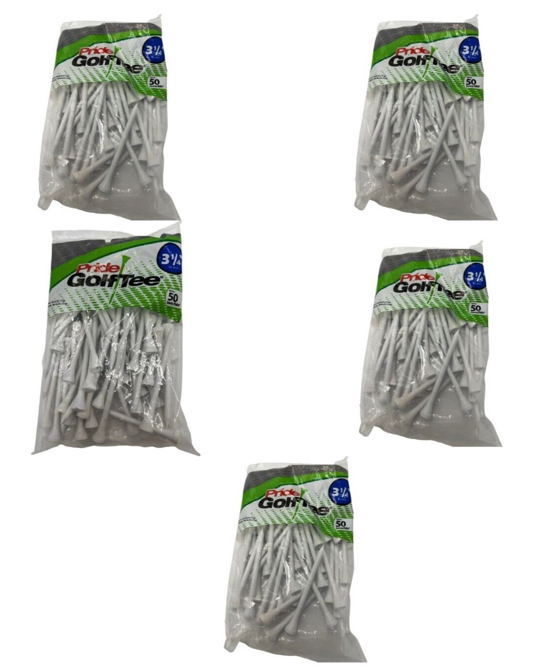 (QTY 250=5 Bags of 50) Pride Golf Tees 600002, 3-1/4", White, Wood
