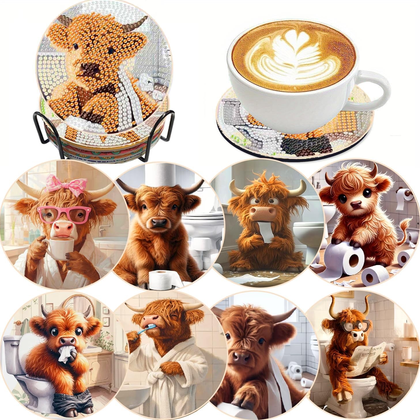 Clendo 8 Pcs 5D Cow Bathroom Diamond Art Coasters Kits with Holder, JXBD60