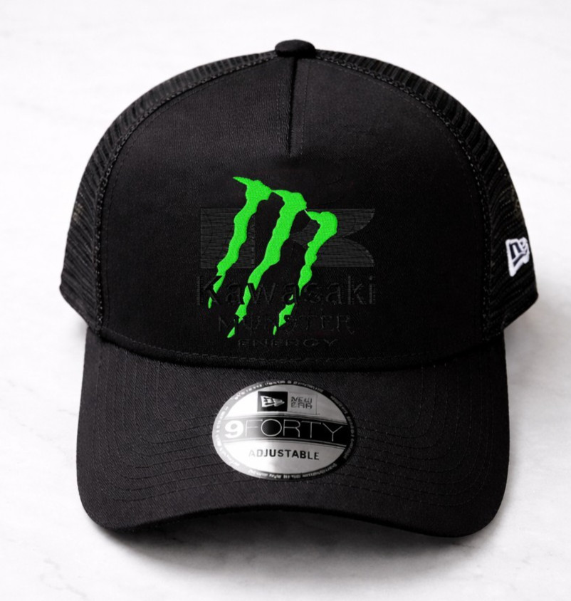 Kawasaki Monster 9Forty New Era Black Mesh Trucker Hat, Embroidery Logo Hat
