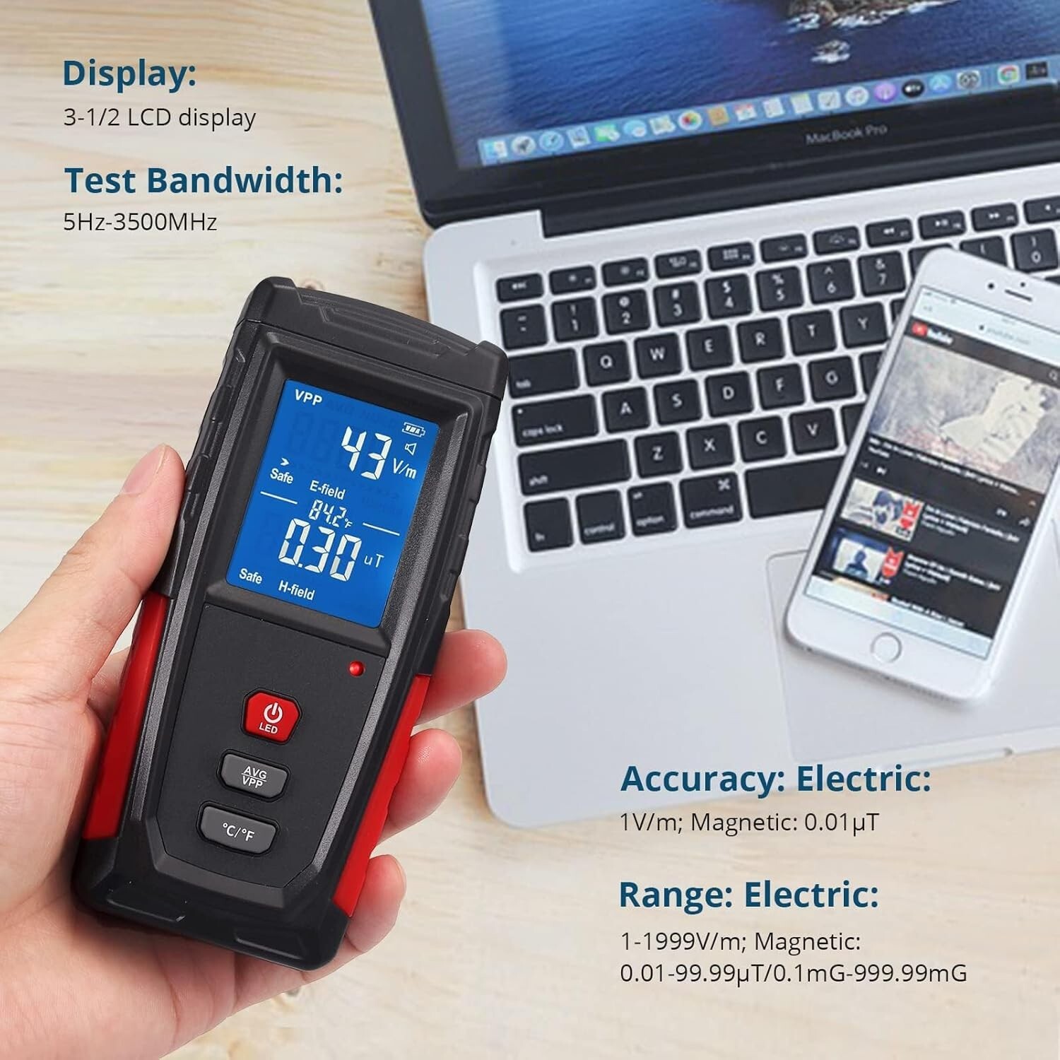 EMF Meter, Rechargeable Digital Electromagnetic Field Radiation Detector USB NEW