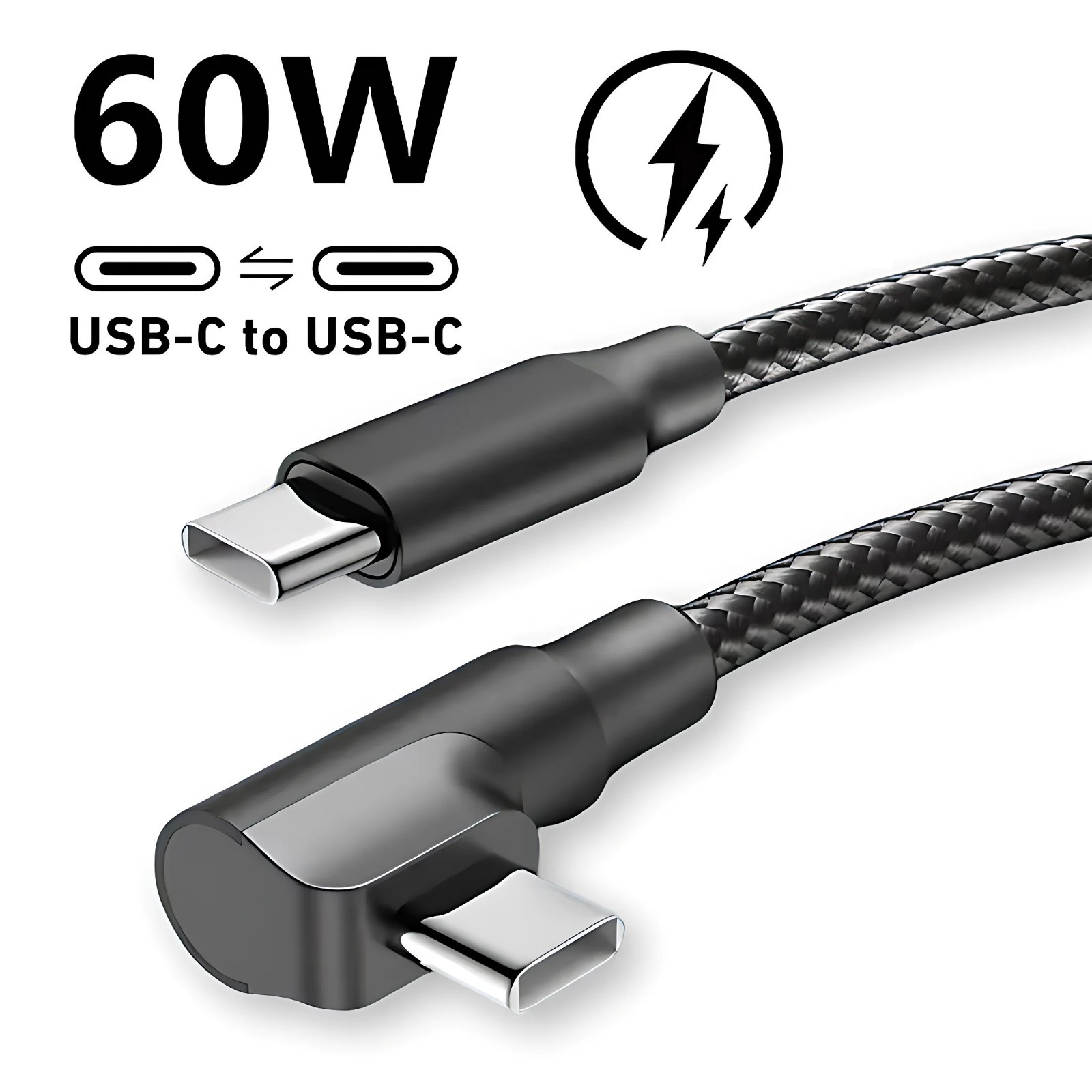 Braided Nylon USB C to USB C Cable Fast Charge 60W 90 Degree Right Angle