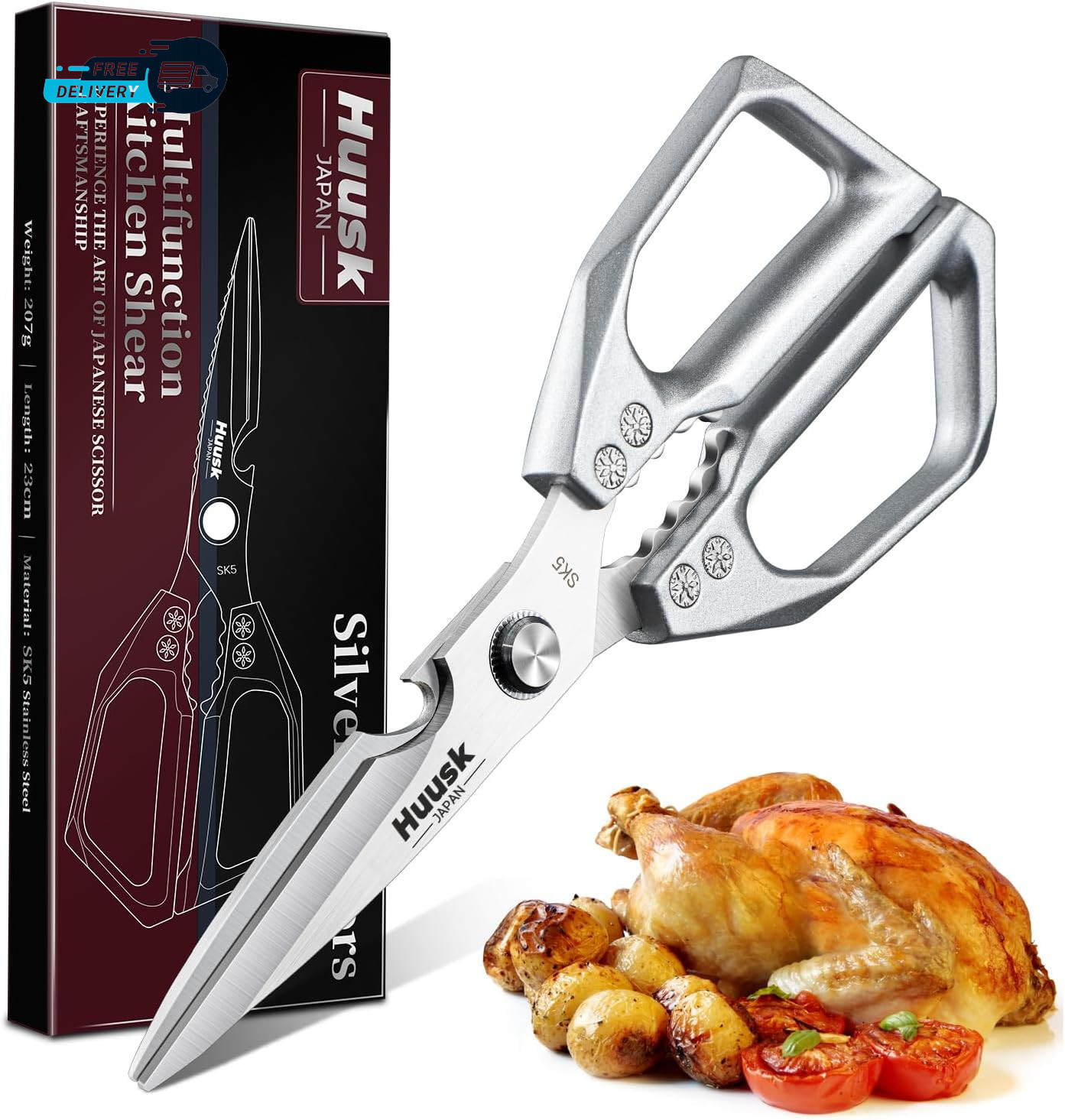 Kitchen Scissors All Purpose - Stainless Steel Kitchen Shear Sharp Silver Meat.