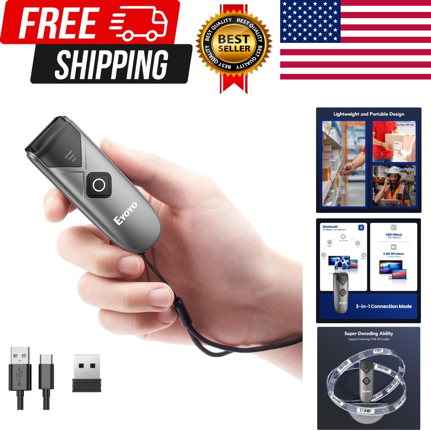 Portable Mini Bluetooth 2D&1D Barcode Scanner Wireless | 2.4G Wireless/Blueto...