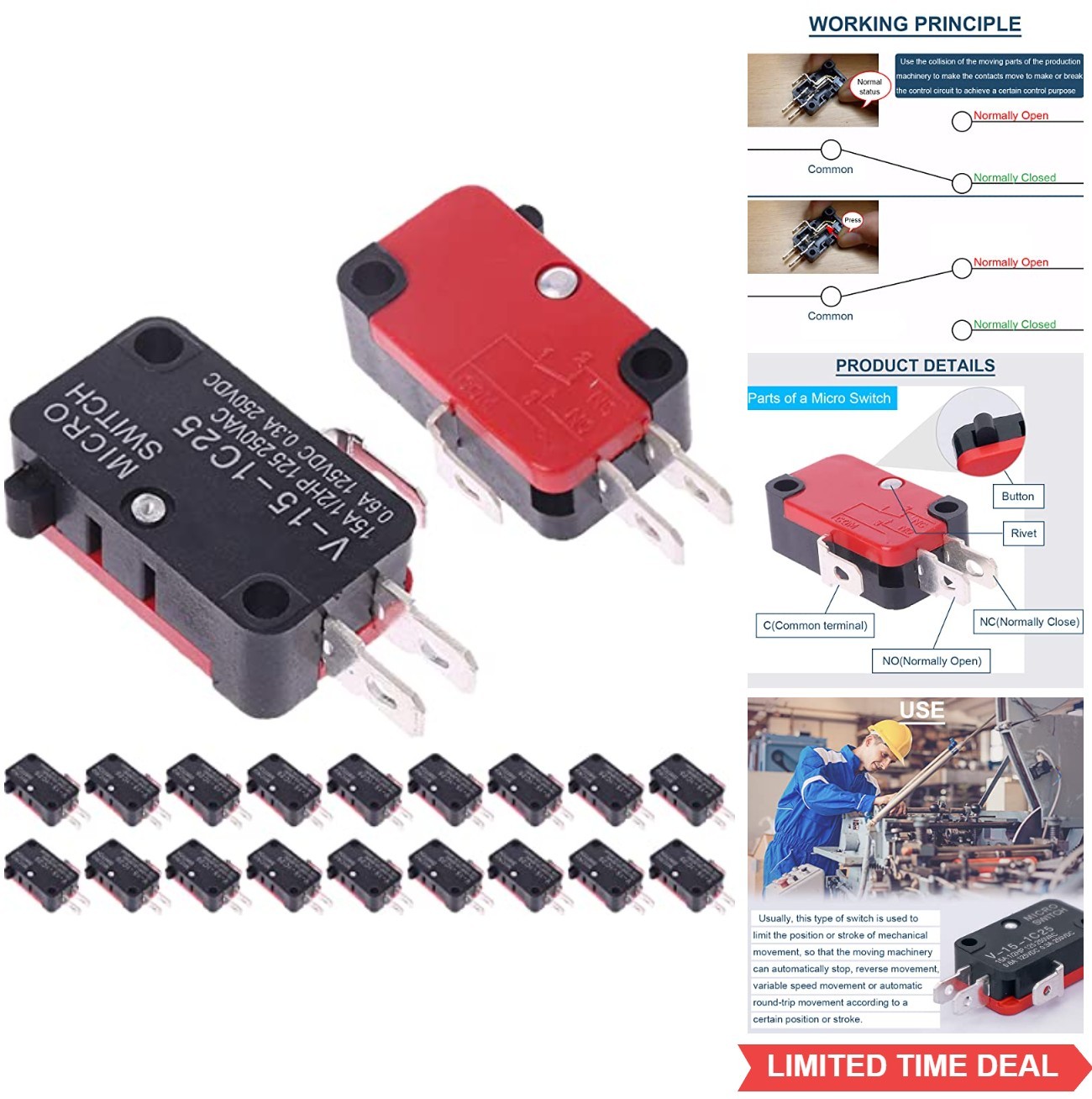 20 Pack Micro Switch 16A 125V 250V SPDT 1NO 1NC 3Pin Snap Action Limit Button