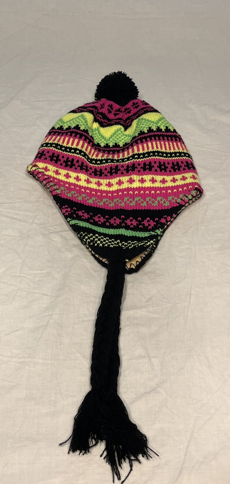 Multi-Colored Winter Hat Knitted Ear Flaps Fleece Lined Pom Pom Youth One Size