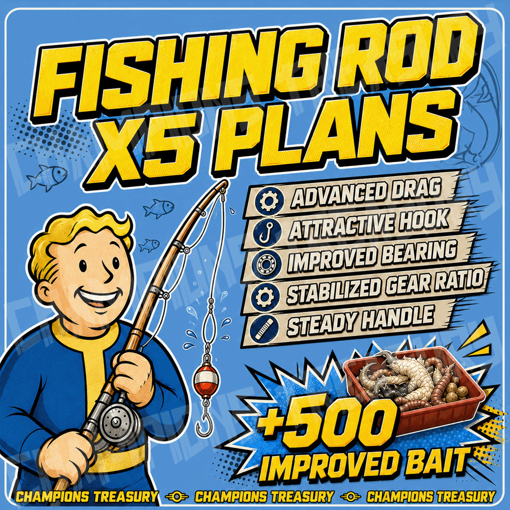 FALLOUT 76 PC ALL 5 FISHING ROD PLANS BUNDLE +500 IMPROVED BAIT CHEAPEST ON EBAY
