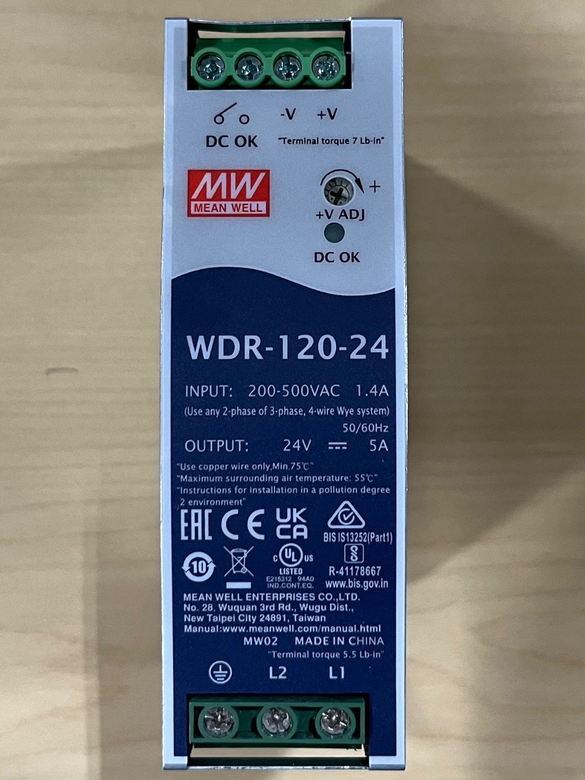 24VDC Power Supply Mean Well WDR-120-24 5A Adjustable Din 120 Watt