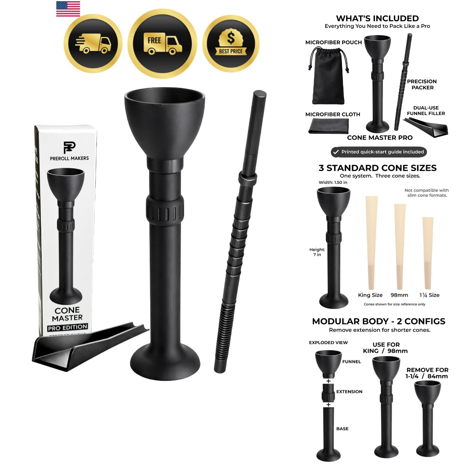 Cone Loader Kit – Cone Filler Funnel + Cone Packer Tool – Fits King 109mm, 98...