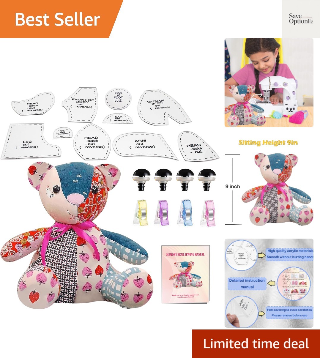 15in/Sitting Height 9in Acrylic Memory Bear Template Ruler Set with Detailed ...