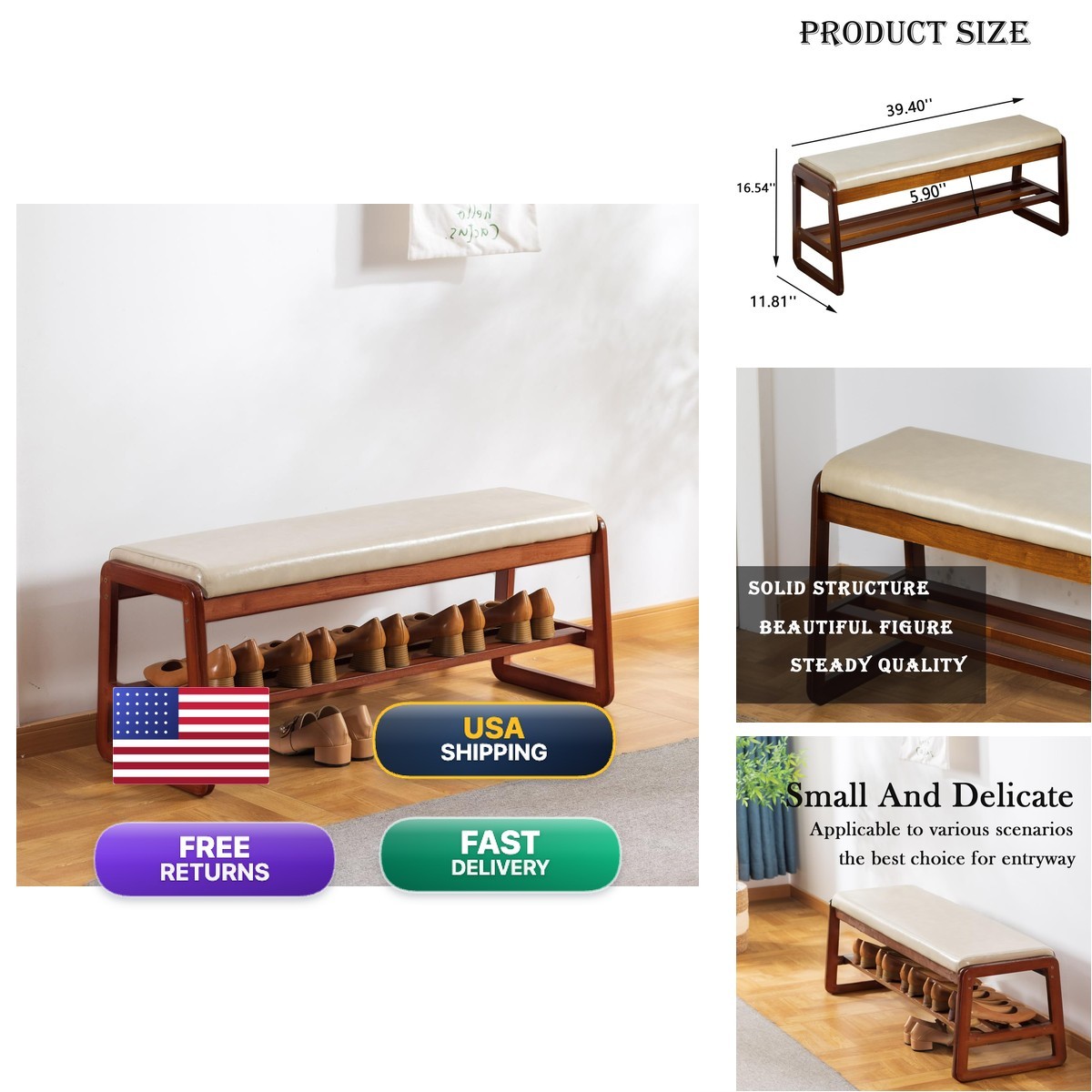 latifolia Solid Wood Entryway Shoe Bench with Cushion 2-Tier Grey 39.70''L