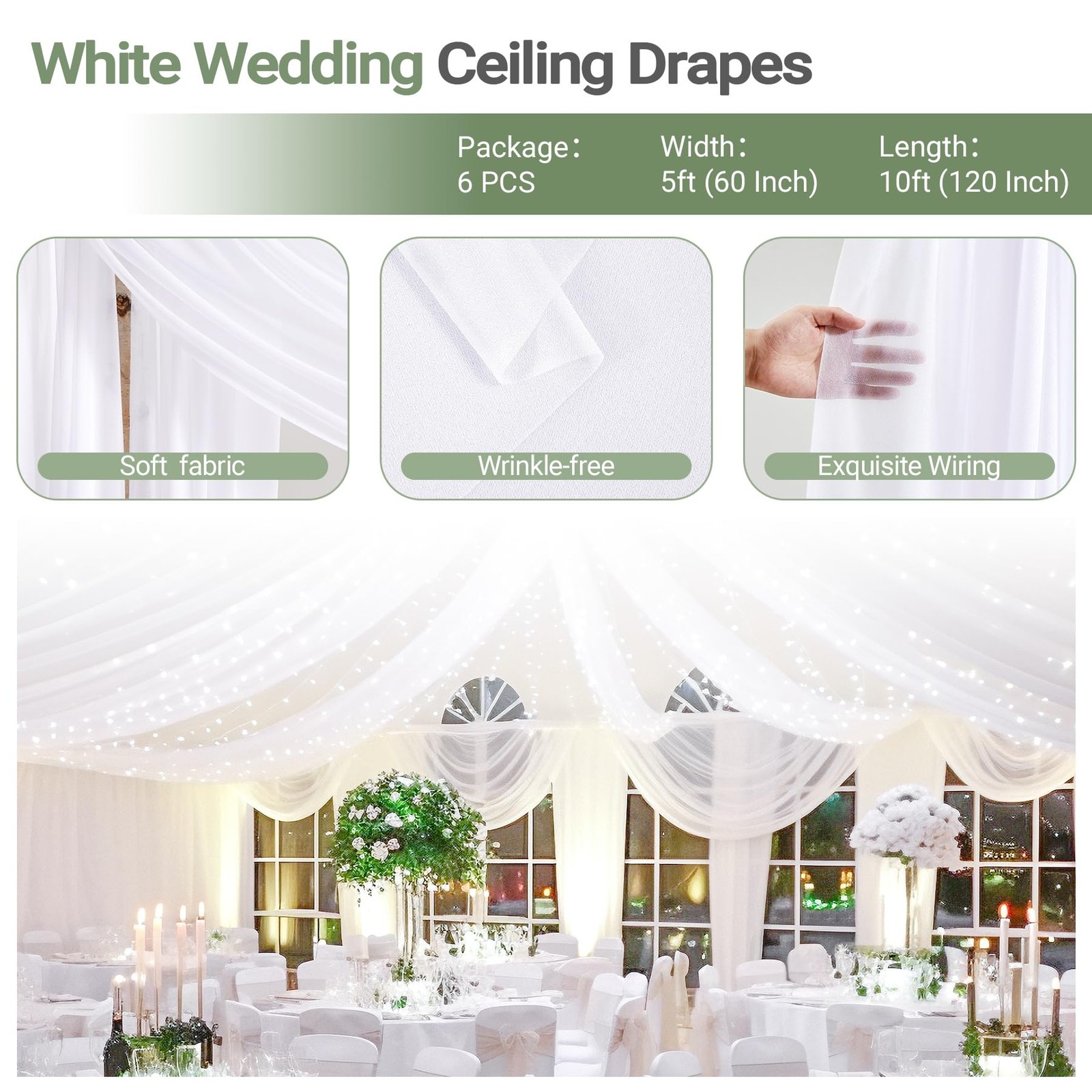 Shillance 6 Panels White Ceiling Drapes Lights For Weddings Ceiling Drapes
