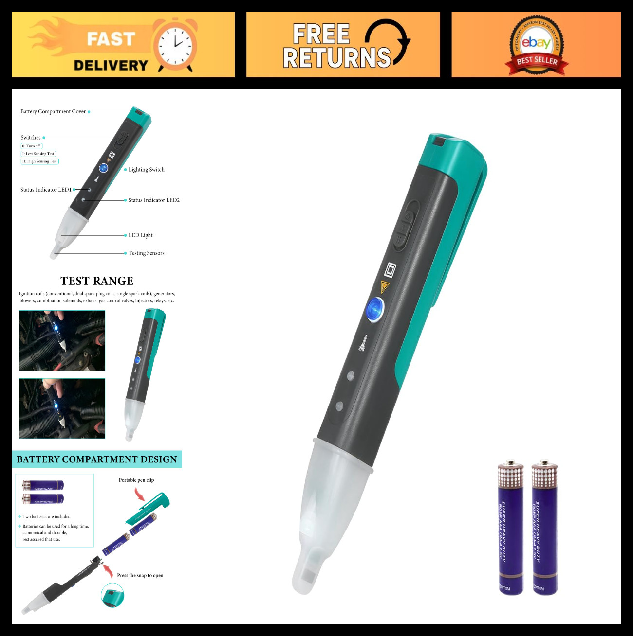 Ignition Coil Tester & Spark Plug Tester with LED Display - Automotive Fault Det
