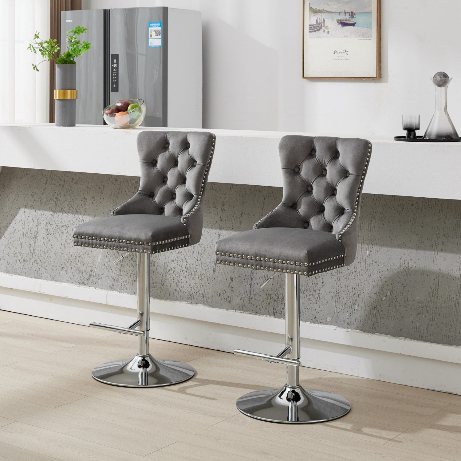 Set of 2 Swivel Bar Stools Velvet Bar Chairs Adjustable Height Dining Chairs