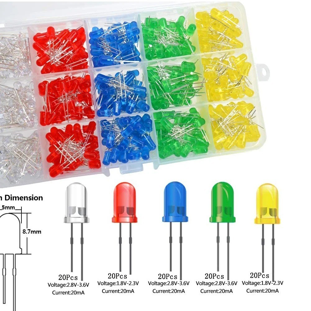 100pc 3mm 5mm LED Light Blue Red Green White Yellow Purple Orange Light DIY Kit