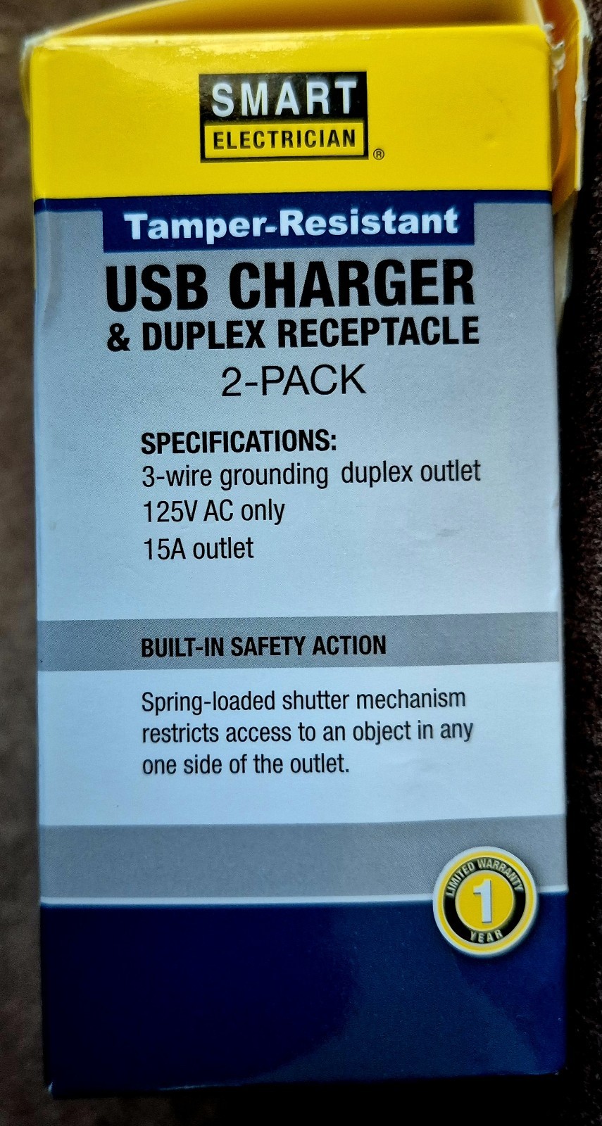 Dual USB-A Charger Duplex 15A Outlet Tamper Resistant 2 pack