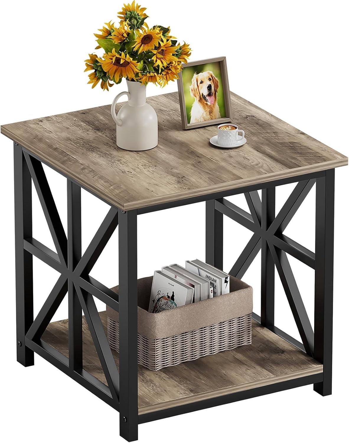 End Table W/ 2-Tier Storage Shelf 24 inch Large Side Table Living Room,Modern