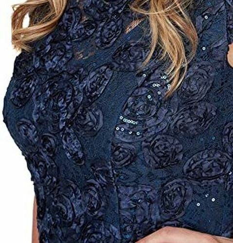NWT Alex Evenings Short Sleeve Lace Sequin Rosette A-Line Gown Navy Dress Sz 14W