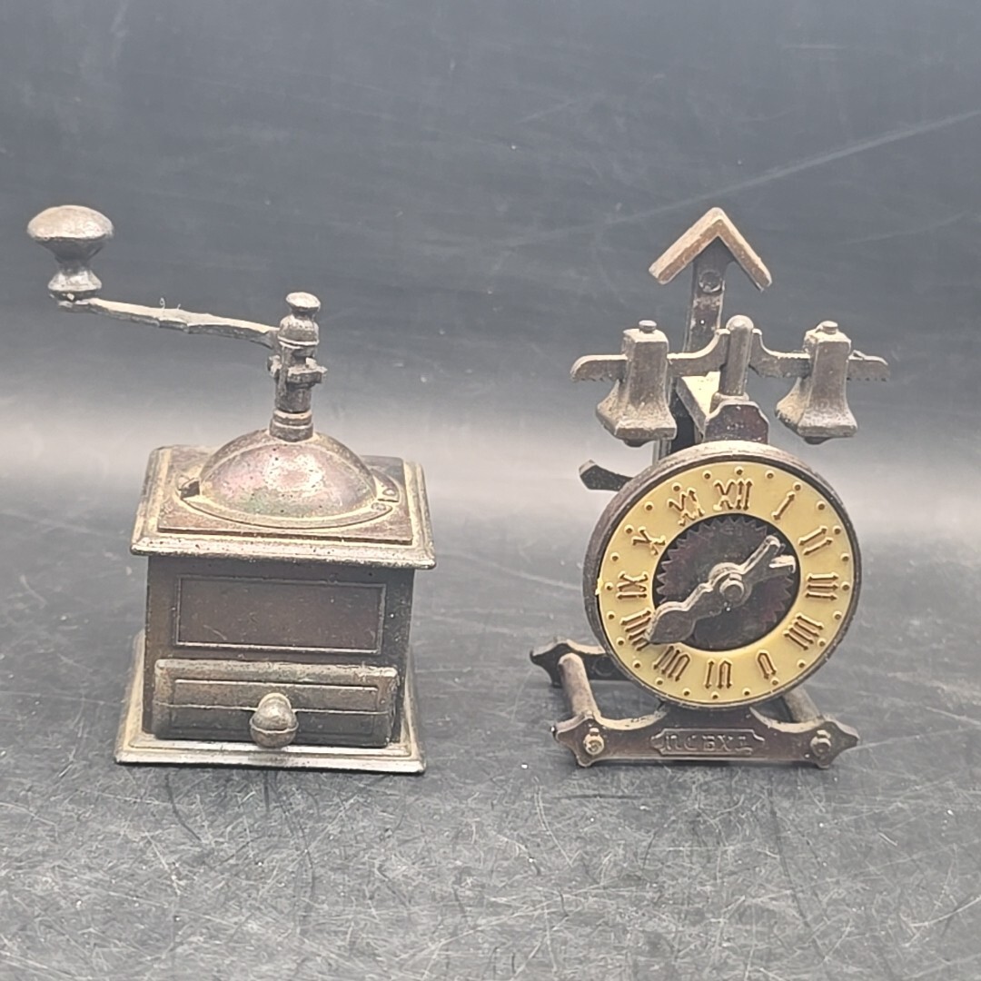 Hong Kong Enesco Die Cast Pencil Sharpeners Clock Coffee Grinder Stickers