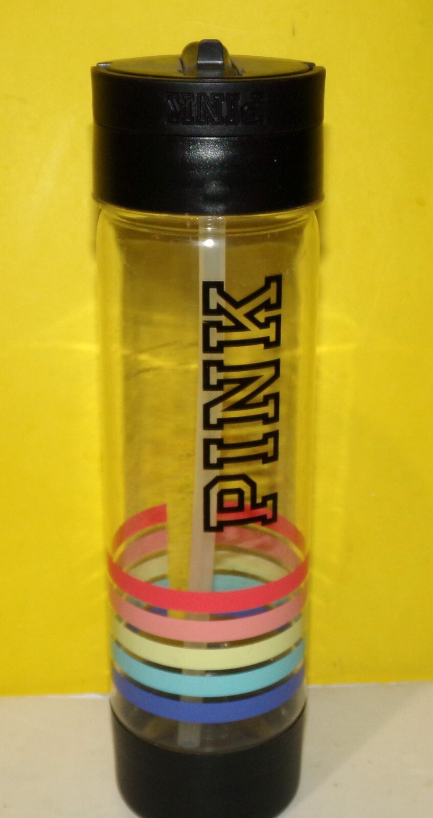 VICTORIA'S SECRET "PINK" 24 Fl oz CAMPUS Water Bottle Black Rainbow Stripes