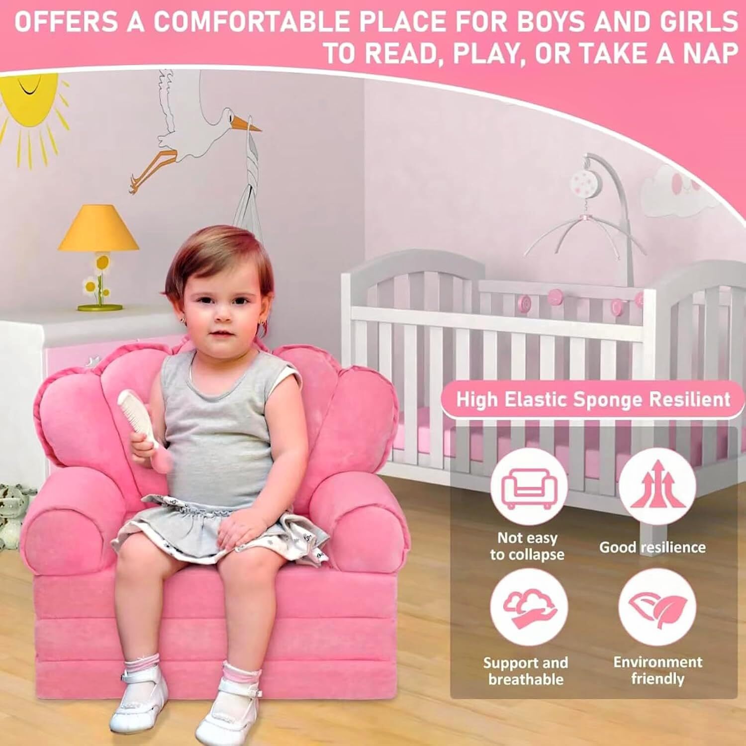 Pink Toddler Chair Kids Sofa Lounger Toddler Bed Couch for SeatingSoft Prince...