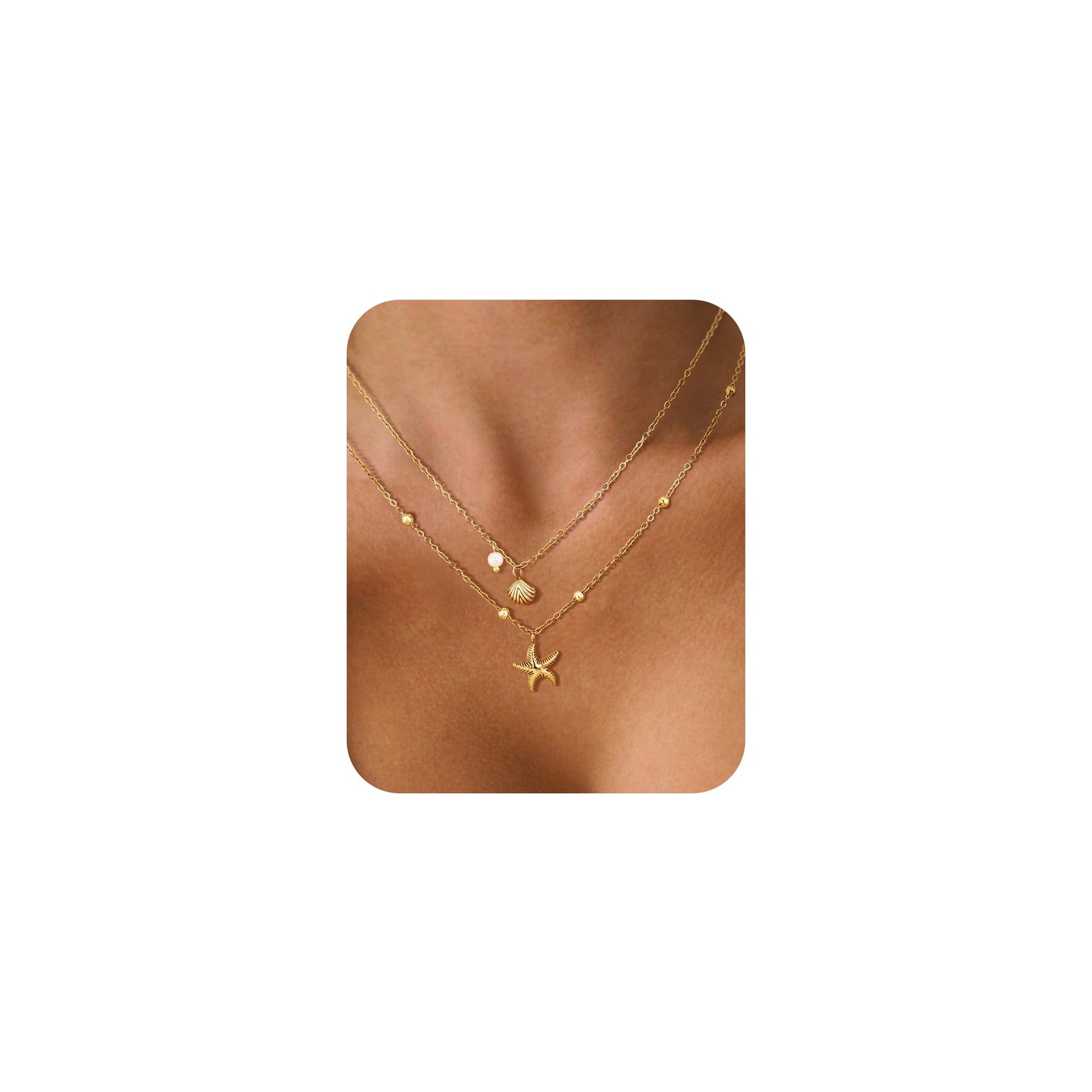 DAILI Seashell Layered Charm Necklace for Women,14k Gold Plated Starfish Pendant