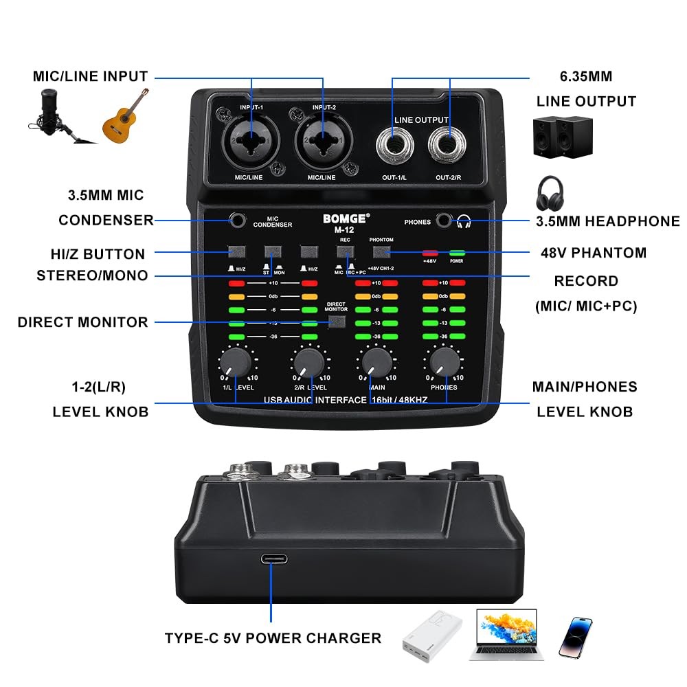 BOMGE M12 USB Audio Interface, 2-Channel Mixer, XLR/3.5mm Input, 48V Power Su...