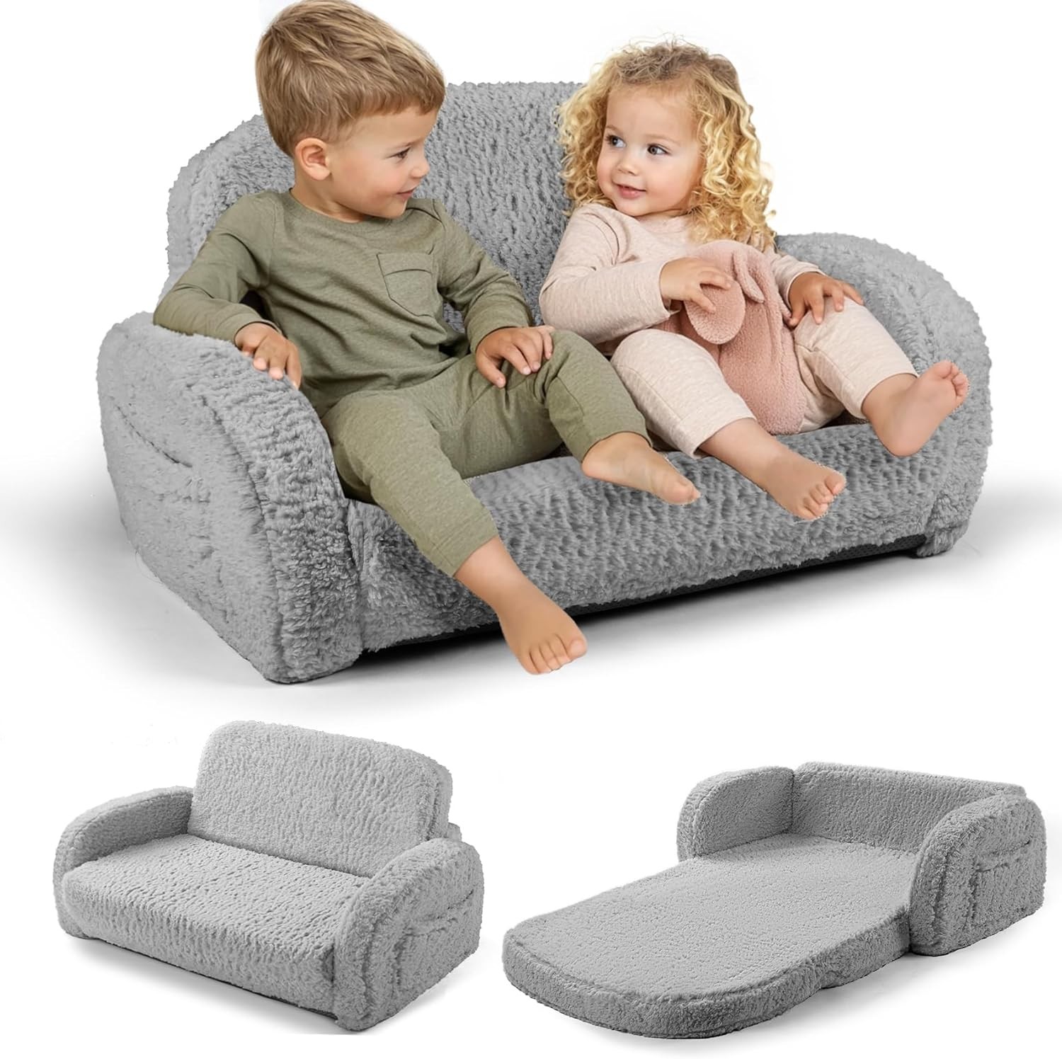 2-in-1 Sherpa Fold Out Kids Couch Extra Wide Comfy Toddler Chair Convertible