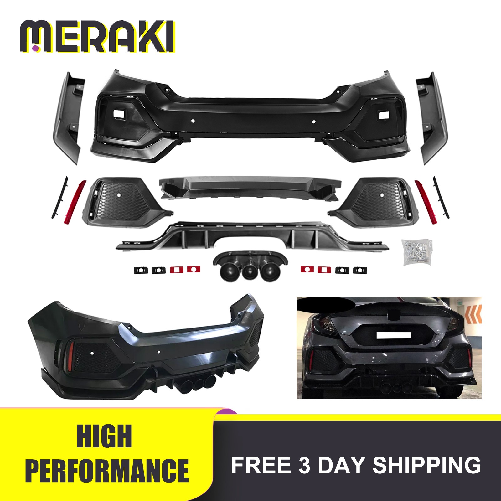 For 2016-2021 Honda Civic Sedan upgrade to Type R New Rear Bumper Cover Set