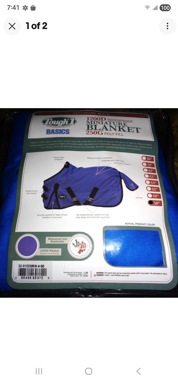 TOUGH 1 Miniature Horse Heavyweight Winter Turnout Blanket 1200D Blue 50"