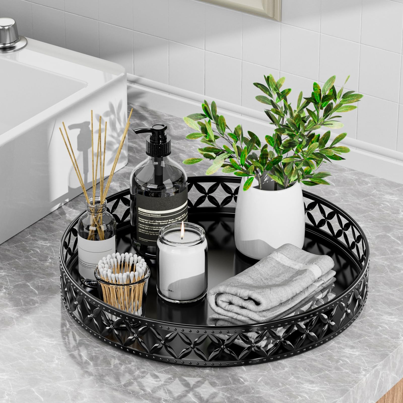Vanity Tray for Bathroom Counter - 11 Inch Black Decorative Tray Bathroom Cou...