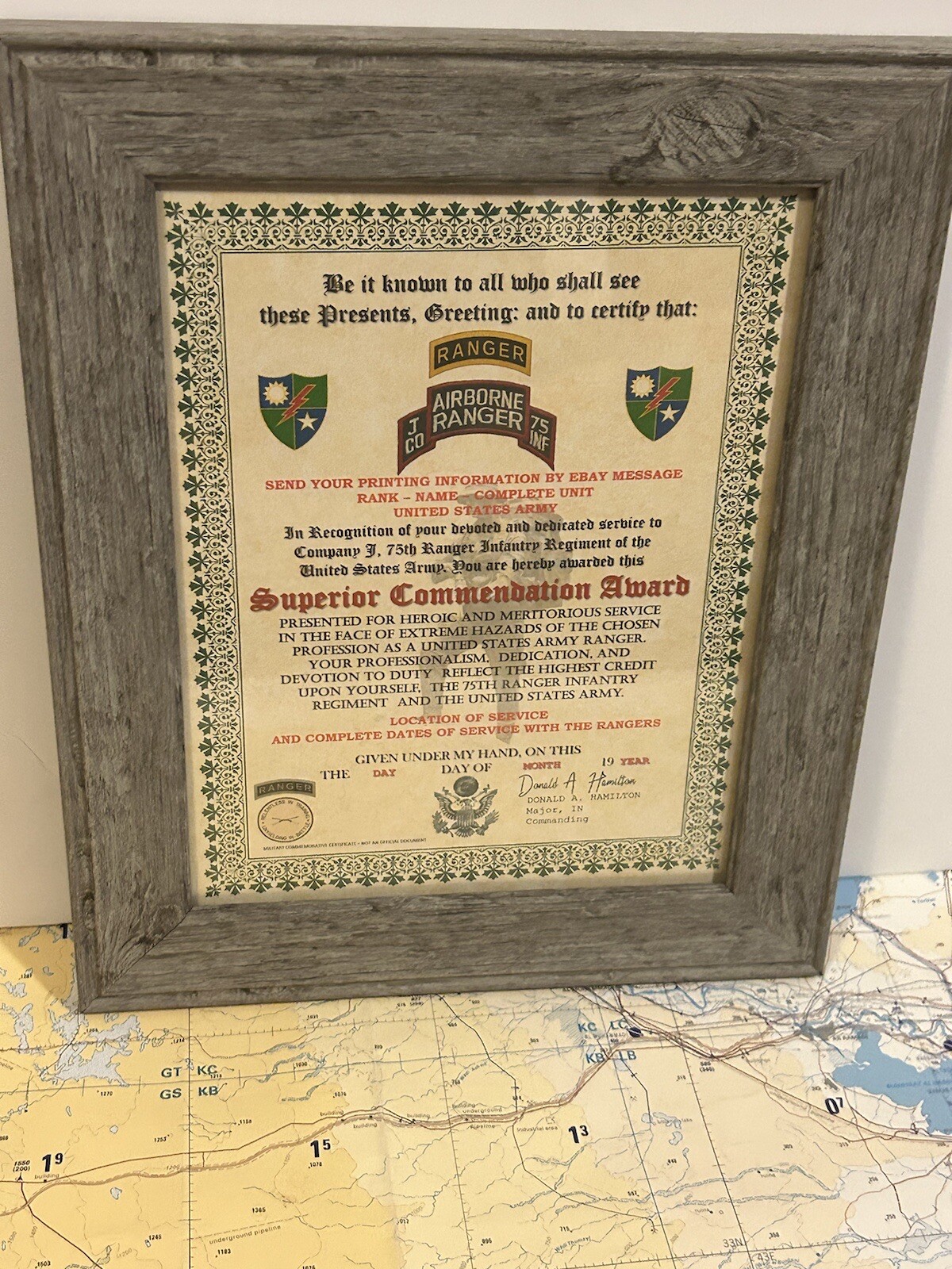 U.S. ARMY - 75TH RANGER / J CO - SUPERIOR COMMENDATION AWARD CERTIFICATE